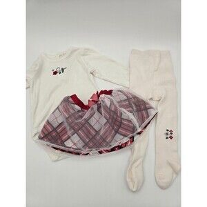 Vtg Disney Baby Girl holiday Outfit 6 month Tights Plaid Skirt Roses Long Sleeve